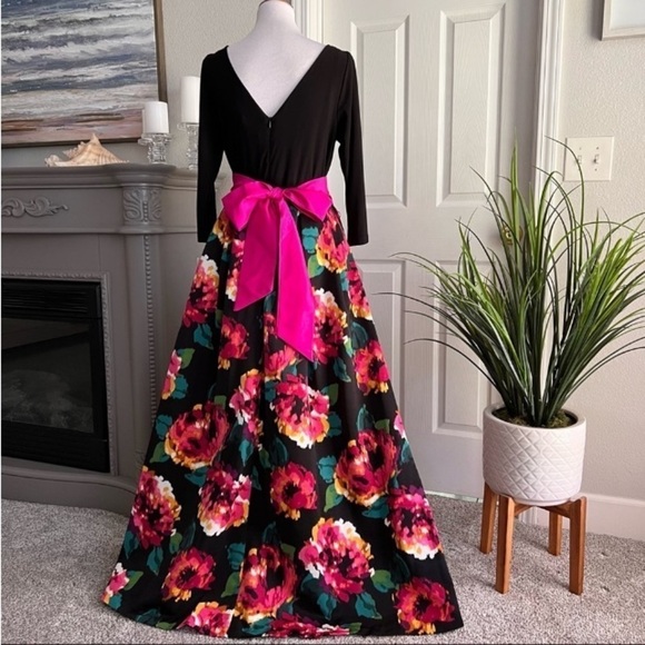Eliza J Marlow Black 3/4 Length Sleeve Floral Scoop Neck Gown Size 2 Bow Modest - Picture 15 of 16